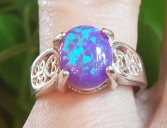 Magnificent Lavender-Blue lab created Opal in Beautiful Sterling Ring size 7. This Stone is Amazing in Flash and Color! Great gift! Purple Oval Opal Ring For Gift, Oval Purple Opal Ring For Gift, Large Moonstone Ring, Vintage Opal Engagement Ring, Lavender Opal, Natural Opal Ring, Blue Opal Ring, Fire Opal Necklace, Colored Gemstones