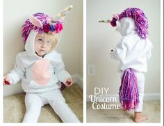 two pictures of a toddler wearing unicorn costumes