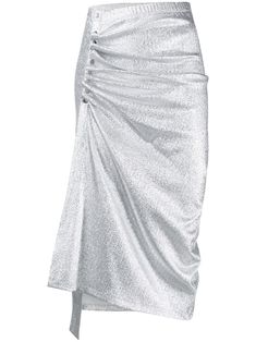 silver-tone cotton metallic sheen ruched detailing high waist concealed fastening mid-length side slit Ruched Skirt Pattern, Metallic Midi Skirt, Silver Outfits, Silver Skirt, Metallic Skirt, Ruched Skirt, Slip Skirt, Interview Outfit, Straight Skirt