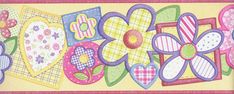 a drawing of flowers and hearts on a yellow background with pink trim around the edges