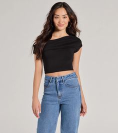 A modern and chic crop top features an asymmetrical one-shoulder neckline with ruched seams. Perfect for styling with high-rise jeans and mules.Fit & FeaturesDouble-lined modal blend knit fabric, moderate stretchOne-shoulder asymmetrical necklineRuched seamsCropped length hemRuns true to size Casual One Shoulder Crop Top For Night Out, Trendy Cropped One-shoulder Top For Night Out, Trendy Cropped One Shoulder Top For Night Out, Chic Cropped One Shoulder Stretch Top, Black Cropped One-shoulder Top For Spring, Trendy Cropped One-shoulder Top For Spring, Trendy Cropped One Shoulder Top For Spring, Casual One-shoulder Crop Top For Night Out, Asymmetrical Neckline