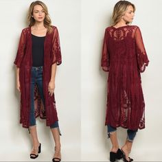 Absolutely Gorgeous Burgundy Open Front Cardigan Features All Over Lace Detail. 1/2 Sleeves. Runs Big For A Flowy Fit. 100% Nylon Measurements S/M : L: 45" B: 42" W: 36" M/L L: 46”, B: 48”, W 40” Fall Stretch Short Sleeve Cardigan, Open Front Cardigan, Front Open, Lace Detail, Sweaters & Cardigans, Sweaters For Women, Womens Sizes, Lace, Women Shopping