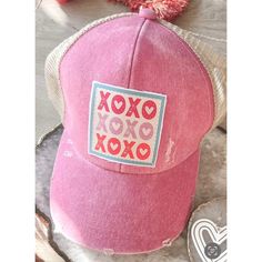 Valentine Hat Express Your Love In Style This Valentine's Day With A Playful Pattern Of Xoxos Featured On This Distressed Baseball-Style Hat With Snap-Back Closure. *Hat Is Meant To Look Worn And Distressed. Casual Pink Hats With Letter Print, Playful Pink Hat With Letter Print, Playful Pink Hats With Letter Print, Cute Pink Hats With Letter Print, Cute Pink Hat With Letter Print, Trendy Pink Hats With Letter Print, Valentine Hats, Usa Cap, Plunder Design