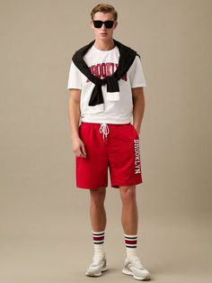 Men Letter Graphic Tee & Drawstring Waist Shorts,Back To School Red Casual  Short Sleeve Knitted Fabric Letter  Slight Stretch  Men Clothing, size features are:Bust: ,Length: ,Sleeve Length: Drawstring Waist Shorts, Fabric Letters, Men Clothing, Drawstring Waist, Graphic Tee, Knitted Fabric, Back To School, Casual Shorts, Length Sleeve