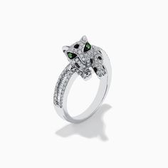 Effy Signature 14K White Gold Diamond and Tsavorite Panther Ring Luxury Tsavorite Rings With Brilliant Cut, Formal White Gold Diamond Ring With Tsavorite, Luxury Tsavorite Ring Jewelry, Elegant Tsavorite Rings With Polished Finish, Luxury Tsavorite Diamond Ring For Anniversary, Luxury Tsavorite Rings For Anniversary, Luxury Tsavorite Ring For May Birthstone, Classic White Gold Tsavorite Ring, Fine Jewelry Tsavorite Diamond Ring In White Gold