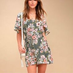 Billabong Fine Flutter Green Floral Dress With Tie Around Waist Green Floral Short Sleeve Dress For Brunch, Casual Flutter Sleeve Dress For Spring, Pink Floral Dress With Flutter Sleeves For Spring, Casual Floral Dress With Flutter Sleeves For Spring, Casual Flutter Sleeve Dress For Garden Party, Casual Floral Dress With Flutter Sleeves For Garden Party, Pink Mini Dress With Flutter Sleeves For Spring, Flowy Short Sleeve Floral Brunch Dress, Flowy Short Sleeve Floral Dress For Brunch