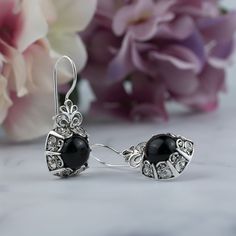 925 Sterling Silver Handcrafted Filigree Art Flower Figured Drop Earrings with Genuine Black Onyx Gemstone Elegant Black Sterling Silver Jewelry, Elegant Onyx Jewelry For Evening, Black Gemstone Jewelry For Party, Handmade Sterling Silver Jewelry For Evening, Sterling Silver Drop Earrings With Gemstone Accents, Elegant Gemstone Metal Earrings, Elegant Onyx Dangle Jewelry, Elegant Onyx Earrings, Elegant Black Jewelry With Gemstone Accents