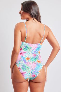 Time flies when you’re having sun in our women’s Tropic Like It’s Hot Open Front One-Piece Swimsuit. This full-coverage bathing suit features a plunging V-neck embellished with crossover lacing and a cheeky bottom. Includes adjustable straps and removable shaping pads at the cups. Pair with your favorite YMI denim or l Tropical V-neck Swimwear For Sunbathing, Tropical V-neck Tankini For Swimming, Summer V-neck Swimwear With Lined Body, Summer Tropical Tankini For Sunbathing, Tropical One-piece Swimwear For Sunbathing, Tropical Style Summer Tankini For Sunbathing, Tropical Style Tankini For Summer Sunbathing, Tropical V-neck Swimwear With Tropical Print, Tropical V-neck Tankini For Summer