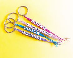 three pairs of scissors with words written on them sitting next to each other in front of a yellow background