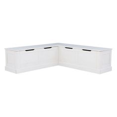 a white corner bench with two drawers