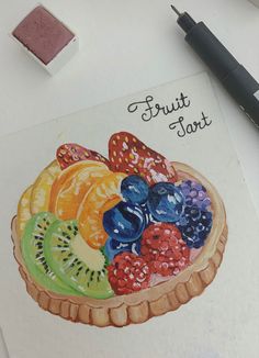 a drawing of a fruit tart on top of a table