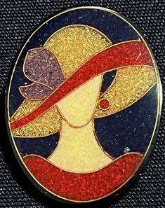 RARE Vintage LEE SANDS Mosaic Brooch Lady In Hat Red & Gold Oval XL 2" PIN 80s Hat Brooch, Face Brooch, Mosaic Inlay, Vintage Designer Jewelry, Vintage Suits, Vintage Designer, Mosaic Crafts, Vintage Gifts, Designer Jewelry