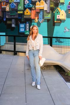 Tweed Cropped Jacket, White Booties, Boucle Jacket, White Tweed, White Boots, Fall Style, Cropped Jacket