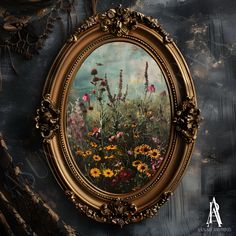 an ornate gold frame holds a painting of wildflowers and other flowers on a dark background