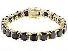 38.12ctw square cushion black spinel 18k yellow gold over sterling silver tennis bracelet. Measures approximately .27"W. Hidden box clasp. Double Safety closure. Braclets Gold, Adornment Jewelry, Silver Tennis Bracelet, Vintage Rhinestone Brooch, Box Clasp, Brooch Jewelry, Black Spinel, Sterling Silver Bracelet, Vintage Rhinestone