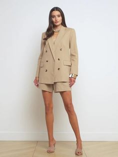 L'AGENCE - Bethany Tapered Blazer in Sand/Sahara Leopard Summer Office Blazer With Double Button Closure, Timeless Double-breasted Blazer For Spring, Timeless Double-breasted Spring Blazer, Classic Linen Double-breasted Blazer, Chic Double Breasted Suit For Workwear, Spring Office Wear Double Breasted Suit, Spring Double Breasted Suit For Work, Linen Blazer With Double-breasted Button And Suit Collar, Linen Outerwear With Double-breasted Button And Suit Collar