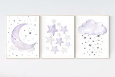 three watercolor paintings with stars and moon on them