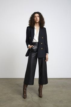 Chic Business Casual Pantsuit For Fall, Sleek Fall Business Casual Pantsuit, Chic Wide-leg Leather Pants For Workwear, Chic Leather Pants For Office With Pockets, High-waisted Leather Pants With Pockets For Work, Tailored Chic Wide Leg Pants For Fall, Fall Office Leather Pants With Pockets, Fall Office Wear Ankle-length Pantsuit, Fall Leather Pants With Pockets For Office