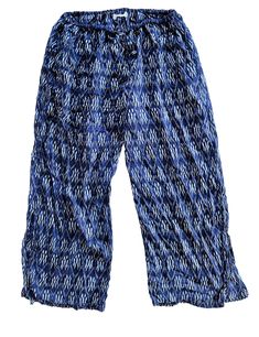 Indigo-Ikat Beach Capris With Elastic Waistband, Comfortable Vacation Pants, Comfortable Vacation Trousers, Comfortable Trousers For Vacation, Comfortable Ankle-length Vacation Pants, Relaxed Fit Capris For Vacation, Relaxed Fit Ankle-length Capris For Vacation, Cotton Capri Length Pants For Loungewear, Comfortable Blue Bottoms For Vacation