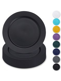 black dinner plates with colored rims on white background