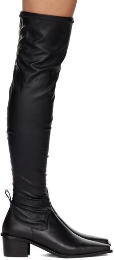 Thigh-high paneled grained stretch faux-leather and buffed leather boots in black. · Modified pointed toe · Logo-embossed pull-loop at heel · Zip closure at inner side · Stacked leather block heel · Polished leather sole with rubber injection · Heel: H2 in Supplier color: Black Knee-high Polyurethane Boots For Night Out, Thigh High Wide Calf Faux Leather Boots, Wide Calf Thigh High Faux Leather Boots, Sleek Black Thigh High Boots, Sleek Black Thigh-high Boots, Black Polyurethane Knee-high Boots With Pointed Toe, Fitted Synthetic Knee-high Boots For Workwear, Sleek Knee-high Faux Leather Boots, Formal Knee-high Polyurethane Boots