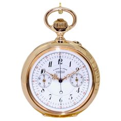 This exquisite and rare pocket watch from A. Lange & Söhne represents an extraordinary combination of historical craftsmanship and timeless elegance. Manufactured around 1898, it embodies the high art of Saxon watchmaking tradition. The heart of this precision pocket watch is the high-quality chronograph movement caliber 43, which is still fully functional today and thus bears witness to the quality and durability of the masterpiece. The movement is housed in a magnificent 18 carat gold case in the shape of 'Lucia', which weighs a total of 110 grams. The back of the case is adorned with an artfully crafted relief monogram, which gives the piece an individual touch. Case diameter WITHOUT crown and eyelet: 53.5 mm. The white enamel dial features the characteristic Empire numbers, which guara Antique Clocks, High Art, Gold Case, Vintage Watches, Pocket Watch, Chronograph, Timeless Elegance, Gold, Quick Saves