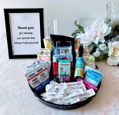 wedding day emergency kit for groom, groomsmen, wedding bathroom amenity tray for men's room, emergency kit sign Wedding Guest Gift Bags Hotels Basket Ideas, Wedding Guest Toiletry Basket, Guys Bathroom Basket Wedding, Wedding Kits For Guests, Bathroom Goodies For Wedding, Wedding Emergency Kit For Guests, Emergency Kits For Wedding Day, Wedding Kit For Guests, Emergency Basket Wedding