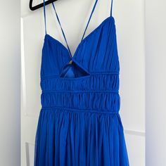 New With Tags, Bold Blue Gown. Perfect For A Wedding Guest Or Other Formal Event. Cutout In The Front With Adjustable Dainty Crisscross Straps In The Back. Slightly High Low Detail From Front To Back. Midi/Maxi. Size 4. Blue V-neck Dress With Pleated Bodice, Blue Evening Dress With Fitted Lined Bodice, Blue Ruched Bodice Evening Dress For Prom, Blue Gown With Lined And Fitted Bodice, Blue Prom Evening Dress With Ruched Bodice, Blue Maxi Dress With Fitted Bodice For Party, Blue Maxi Dress With Sweetheart Neckline For Evening, Blue Ruched Bodice Evening Dress For Wedding, Blue Evening Dress With Ruched Bodice For Wedding