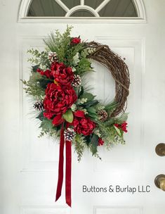 This Christmas wreath is full of lots of varying greens, deep red peonies, white tip pinecones and a red velvet bow. Finished with the wired plaid ribbon this wreath measures 18” wide and 22” in length (with extra for the ribbon) and order processing time is 2 weeks. Christmas Wreaths Colorful, Christmas Wreath With Bells Front Doors, Christmas Hoop Wreaths, Rose Christmas Wreath, Candy Cane Wire Wreath Ideas, Christmas Farmhouse Wreath, Christmas Wreaths 2024, Beautiful Christmas Wreaths, Fur Wreath Christmas