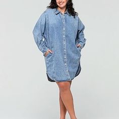 Button Cuffed Long Sleeves, Button Down Front, Collared Neckline, Side Seam Pockets, Above Knee Length. Made Of 100% Medium Weight Cotton Denim. Just Added Measurements... S Fits Sizes 4-6 Armpit To Armpit 26" Hip To Hip 24" Sleeve Length 22" Dress Length 37" M Fits Sizes 8-10 Sold Out L Fits Sizes 12-14 Sold Out Almost Gone! Relaxed Fit Denim Blue Denim Dress With Button Closure, Denim Blue Relaxed Fit Denim Dress With Button Closure, Casual Button-up Shirt Dress With Button Cuffs, Relaxed Fit Washed Blue Denim Dress With Button Closure, Casual Light Wash Button-up Shirt Dress, Relaxed Fit Button-up Denim Dress For Day Out, Relaxed Fit Light Wash Denim Dress With Buttons, Light Wash Casual Shirt Dress With Buttons, Casual Light Wash Shirt Dress With Buttons