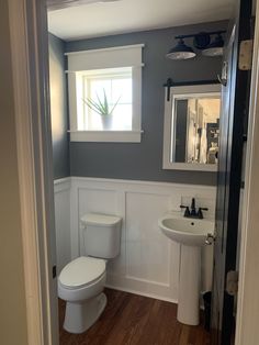 a white toilet sitting next to a sink in a bathroom under a window with a potted plant on top of it