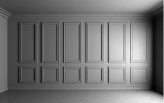 an empty room with white walls and tile flooring is shown in black and white