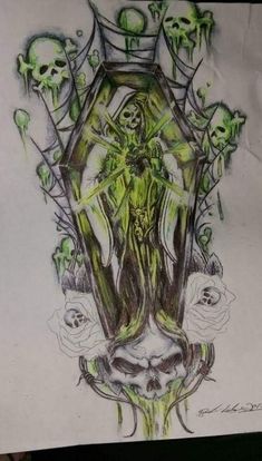 a drawing of a green vase with skulls around it and a skeleton in the center