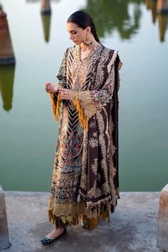 Brown Heavily Embellished Long Pakistani Salwar Kameez Suit Dupatta Suit Dupatta, Pakistani Salwar, Raw Silk Fabric, Sana Safinaz, Winter Shawl, Pakistani Salwar Kameez, Luxury Collection, Suit Fabric, Pakistani Outfits