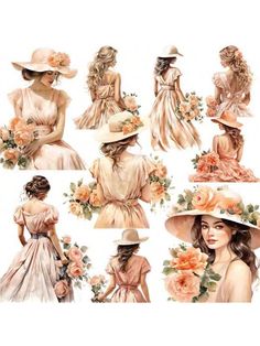 several women in dresses and hats with flowers