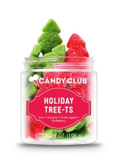 a candy jar filled with gummy bears on top of a white background and the words candy club holiday tree -ts