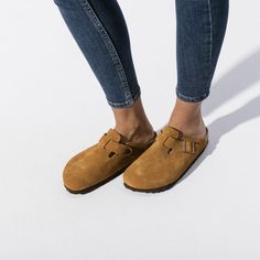 Boston Soft Footbed Suede Leather Mink | BIRKENSTOCK Birkenstock Boston Mink, Birkenstock Boston Soft Footbed, Boston Soft Footbed, Birkenstock Style, Sneaker Slippers, Suede Coat, Birkenstock Boston, Style Fall, Eva Sole