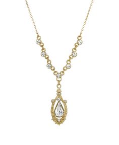 Shiny necklace features a brilliant clear crystal. It screams a sophisticated modern look while maintaining our vintage like style charm. With an on-trend drop, this shimmering crystal is suspended on a gold tone chain with additional sparkling crystals. Teardrop Necklace, Teardrop Pendant, Necklace Online, Sparkling Crystal, Watch Necklace, Clear Crystal, Chain Lengths, Lobster Claw, Chain Length