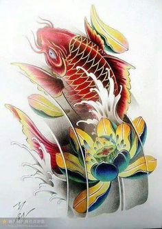 an artistic drawing of a fish and flowers