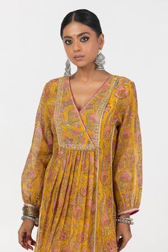 Mustard panelled kurta with floral block print and thread, sequins embroidered yoke. - Aza Fashions V-neck Floral Print Kurta For Eid, Eid Floral Print V-neck Kurta, Navratri V-neck Set With Chikankari Embroidery, V-neck Kurta With Printed Motifs For Eid, Eid V-neck Kurta With Printed Motifs, Festive V-neck Palazzo Set With Printed Motifs, Festive V-neck Chikankari Embroidery Sets, V-neck Anarkali Set For Diwali, Bollywood Style V-neck Blouse With Resham Embroidery