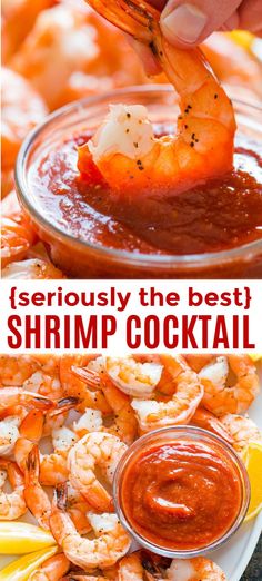 the shrimp cocktail is served in a glass bowl and garnished with sauce