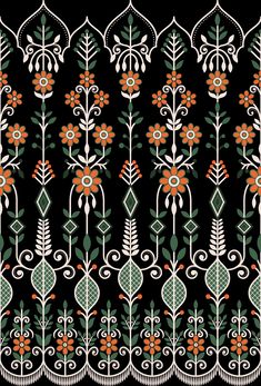 a black background with orange and green flowers on the bottom, and an intricately designed design