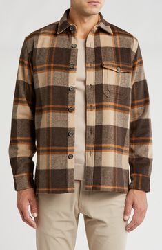 A buffalo plaid print brings rustic style to a brushed heather shirt-jacket constructed with a button front closure and chest patch pockets. 28" length (size Medium) Front button closure Spread collar Long sleeves 80% polyester, 20% wool Machine wash, tumble dry Imported Classic Winter Flannel Outerwear, Brown Winter Shacket With Flap Pockets, Brown Long Sleeve Shacket With Snap Buttons, Brown Fall Shacket For Outdoor, Brown Fall Outdoor Shacket, Classic Button-up Flannel Outerwear, Brown Button-up Flannel Shirt With Pockets, Classic Brown Flannel Shirt With Button Closure, Classic Collared Flannel Outerwear