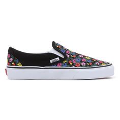 Vans UA Classic Slip-On Floral Black/White VN0A5JLXY28 Vans’ iconic slip-on shoe Low profile textile uppers Supportive padded collars Elastic side accents Vans flag label Signature rubber waffle outsoles Vans Floral Shoes, Low Profile, Black Floral, Slip On Shoes, Flag, Slip On, Black White, Elastic, Black And White