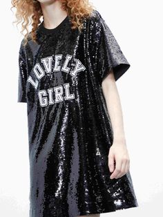 MO&Co. Women's Sequin T-shirt Dress Sparkle and shine in this eye-catching dress! Featuring a glittering sequin design, a flattering T-shirt silhouette, plus letter pattern sequins detailing on the front, this mini-length dress will add a pop of glamour to your wardrobe. Be the life of the party in this dazzling T-shirt dress! Features : - Allover sequin design with letter details- T-shirt dress silhouette- Crew ribbed neck Code: MBC3DRS044The back length of size S is 78cmMATERIALS & CARE Materi Sequin T Shirt Dress, Design With Letters, Dress Sparkle, Shirt Silhouette, Sequin Design, Life Of The Party, Dress Silhouette, Black Shirt Dress, Mesh Bag