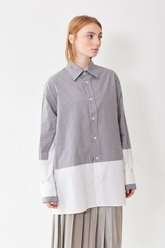 Front of MM6 Maison Margiela Oversized Extended Shirt on a model Mm6 Maison Margiela, Designer Style, Grey And White, In Italy, Italy, Grey, Fashion Design, White, Design