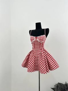 This vintage-inspired dress features a classic plaid pattern and delicate flower beads Material: Soft polyester-cotton blend Pattern: Classic plaid with ruffle accents Silhouette: Fitted A-line for a flattering shape Length: Mini dress Occasion: Perfect for parties, casual outings, or fairytale-inspired looks Plaid Dress Women, Aesthetic Evening, Coquette 2000s, Yellow Floral Print Dress, 60s Mini Dress, Thrift Flips, Full Outfits, Red Plaid Dress, Summer Plaid