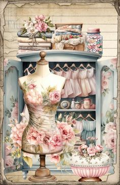 a painting of a dress on a mannequin in front of a cabinet with flowers