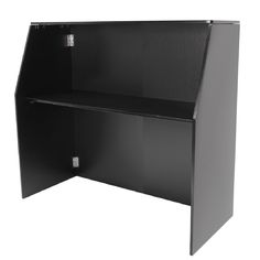 a black office desk with an open shelf