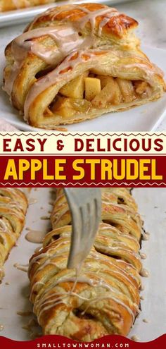 an apple strudel is being cut into pieces